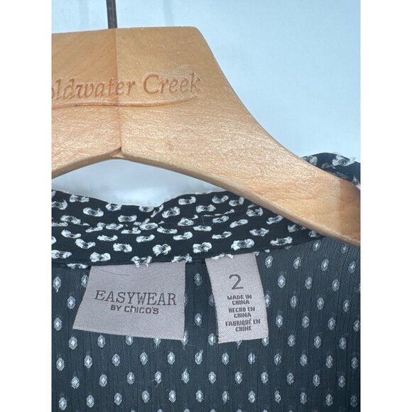 Chicos 2 Easywear Womens textured Black White Polka Dot Blouse Size large sheer - Picture 2 of 3